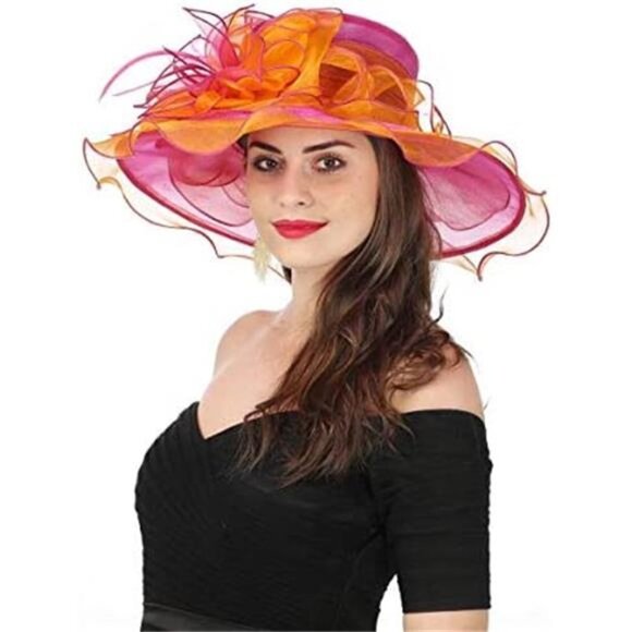 Wide Brim Church Hat Women Orange Rose Derby main image 4